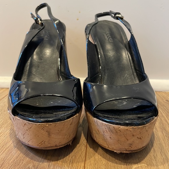 GUCCI 10 black patent cork platform shoe sandal heels - Picture 2 of 8